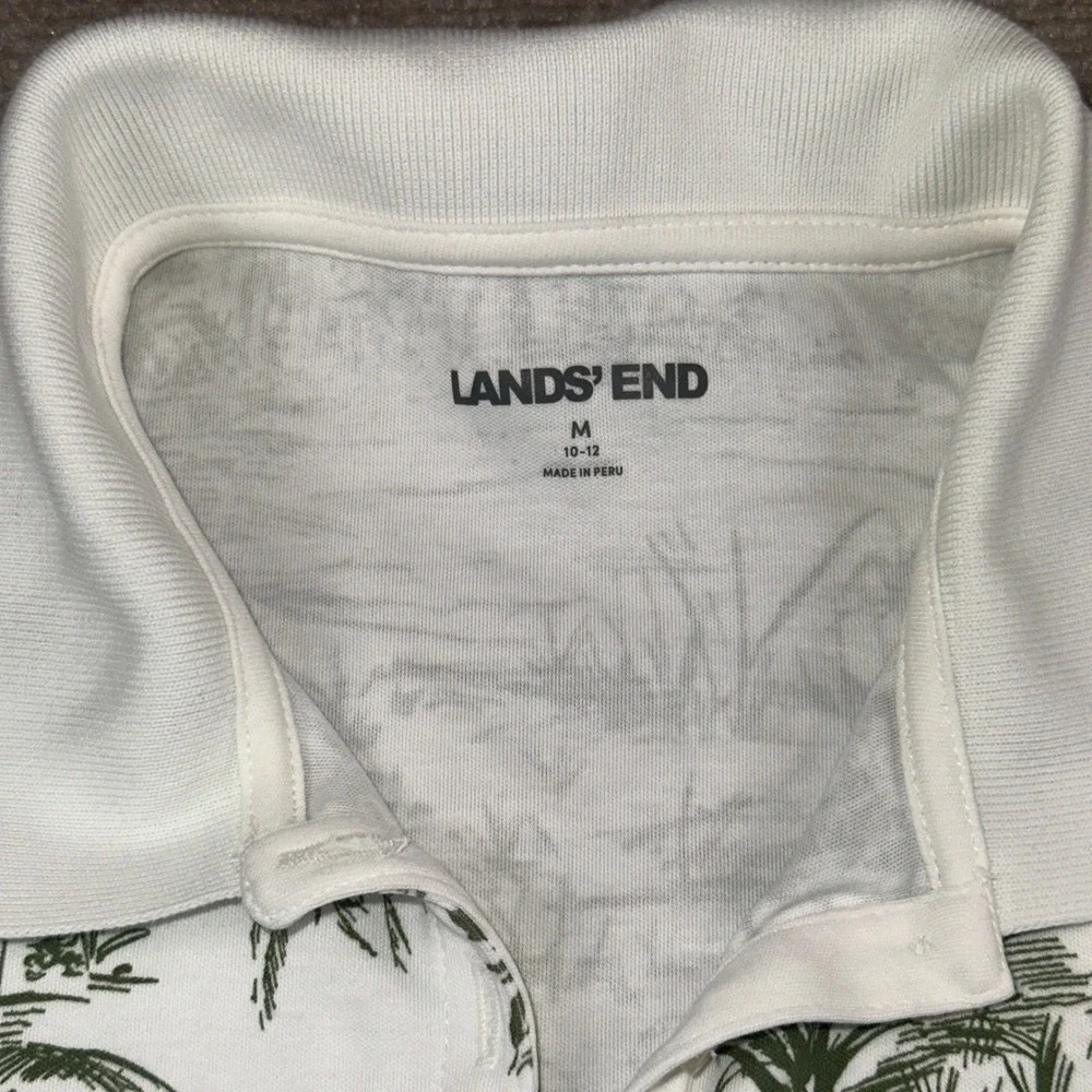 Lands End Womens Green White Tropical Toile Polo Shirt M 10-12 Palm Bird Cotton